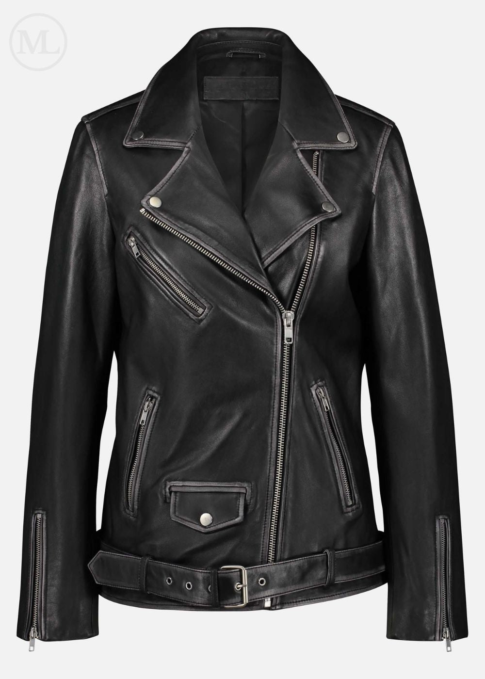 Black leather biker jacket with zippers on a white background