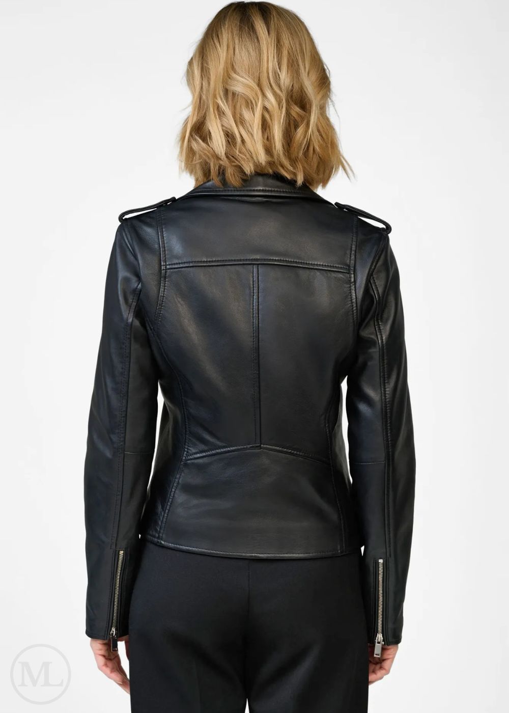 Black leather biker jacket worn by a women on a white background