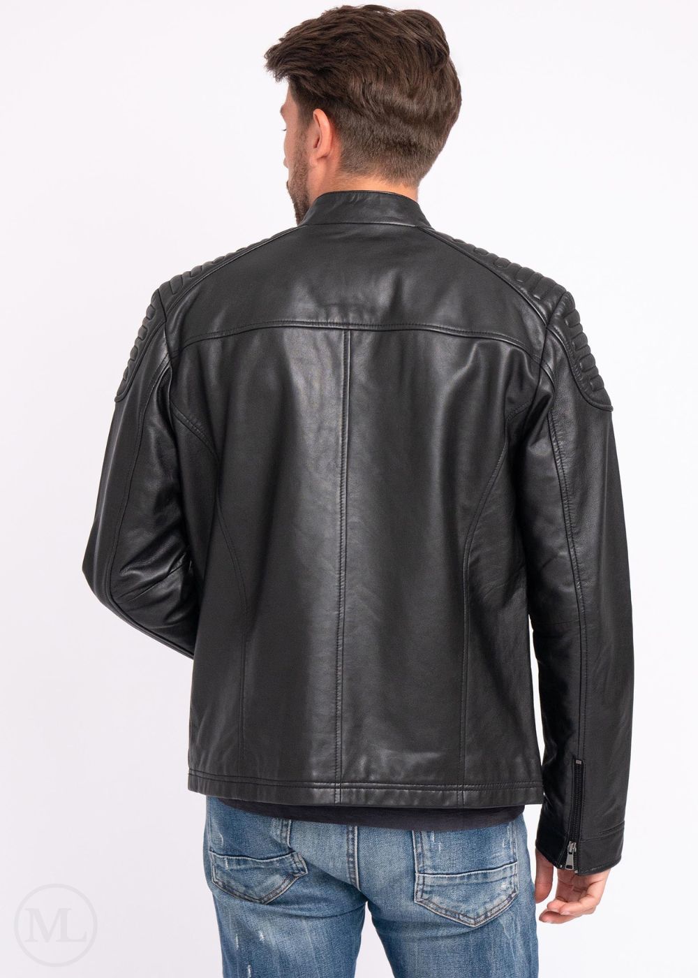 Man wearing a black leather jacket on a white background