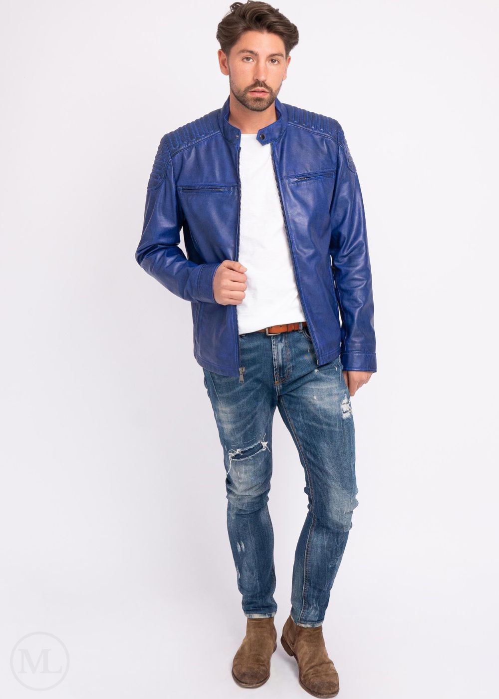 Man wearing a blue leather jacket, white shirt, and jeans on a white background