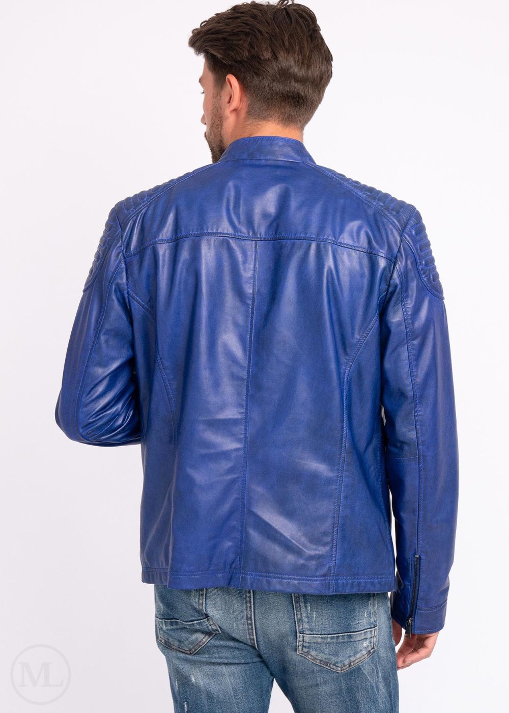 Man wearing a blue leather jacket on a white background