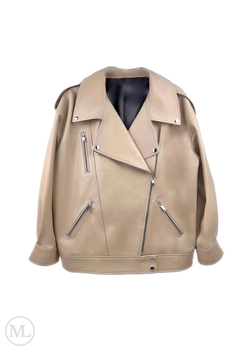 Nude leather biker jacket with zippers on a white background