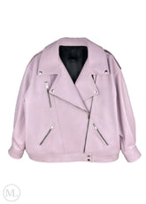 Pink leather biker jacket with zippers on a white background