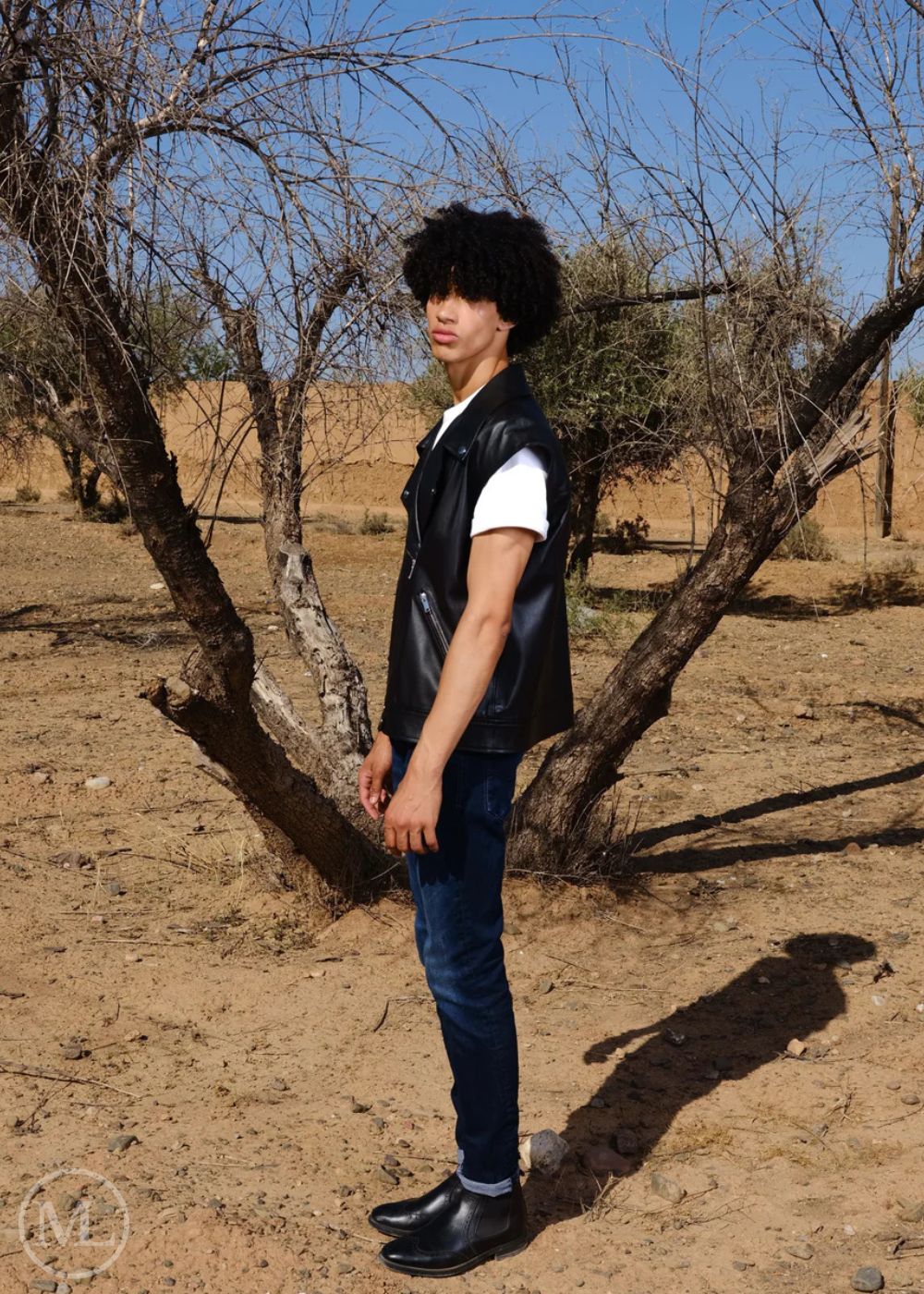 Men standing in a desert-like environment with bare trees