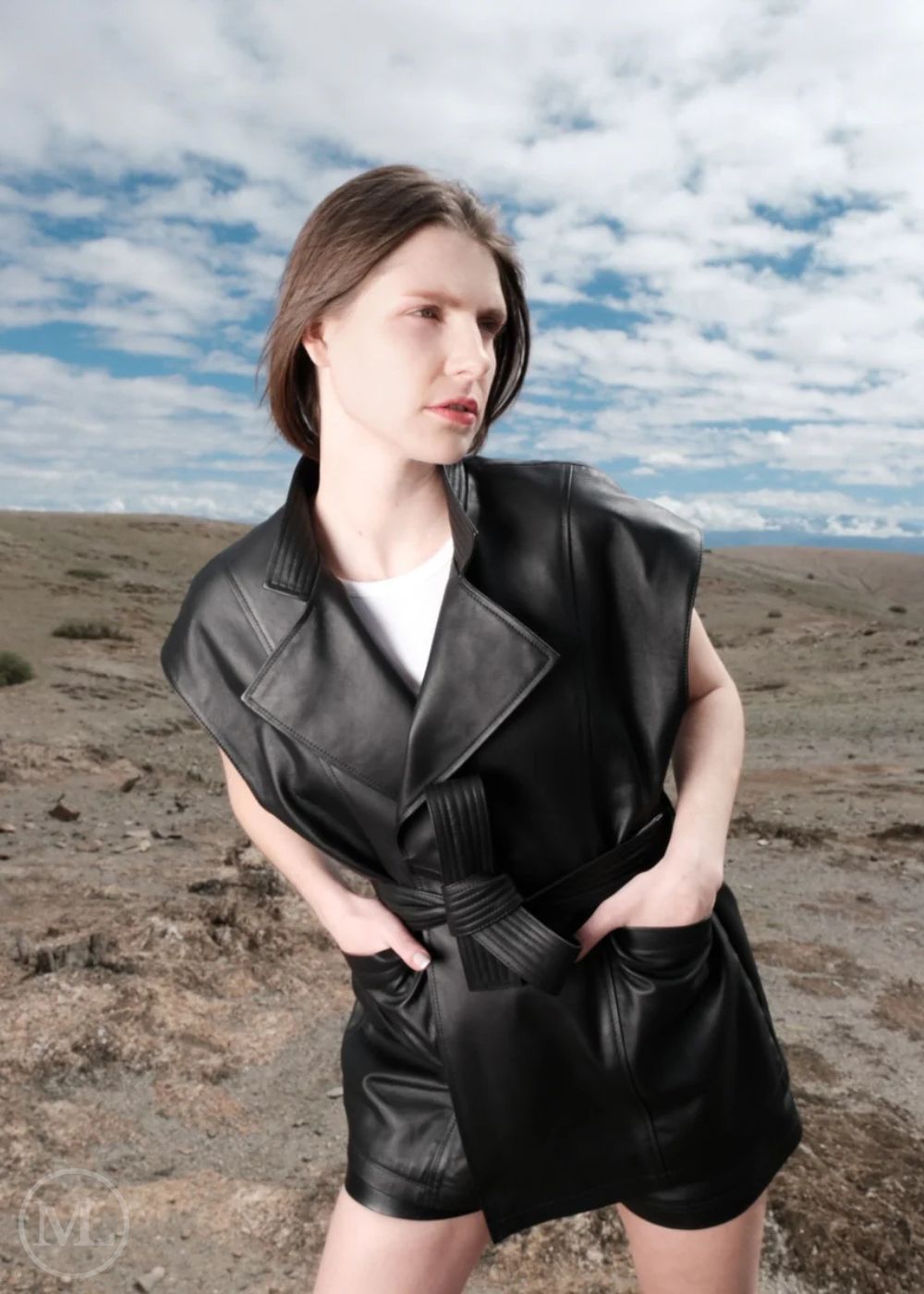 Women wearing a black leather vest outfit in a desert landscape
