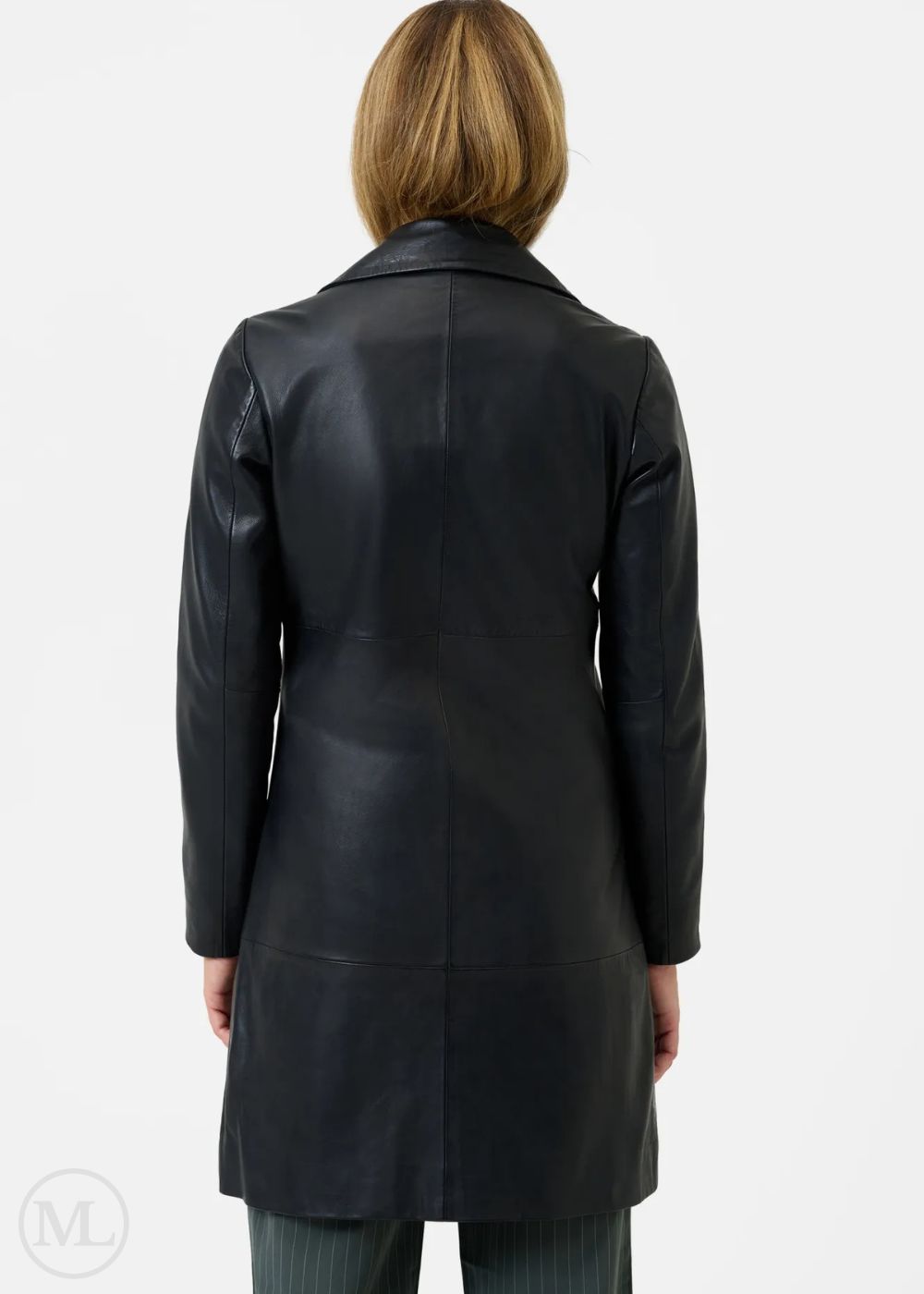 women wearing a black leather coat on a white background