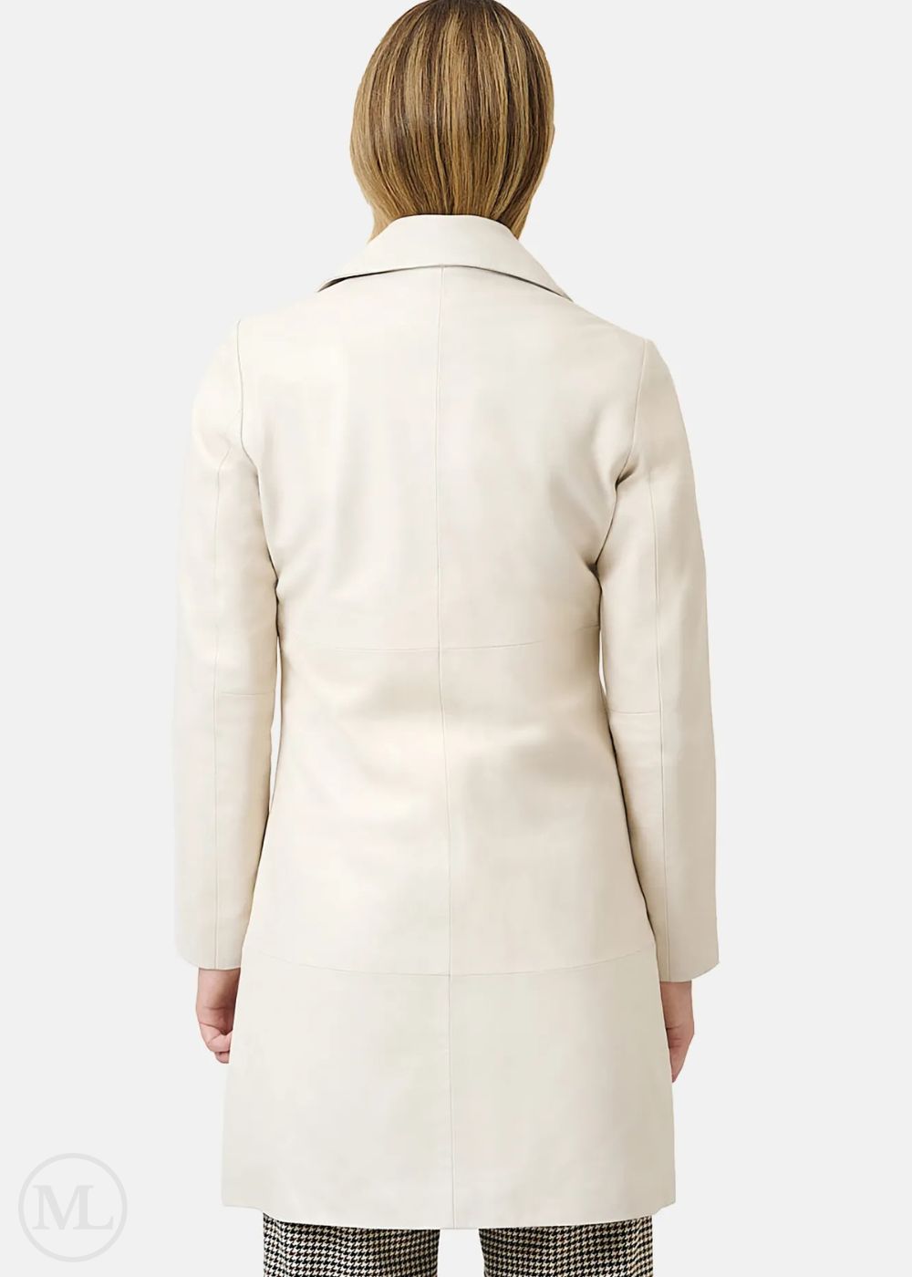 Women wearing a lvory coat on a white background