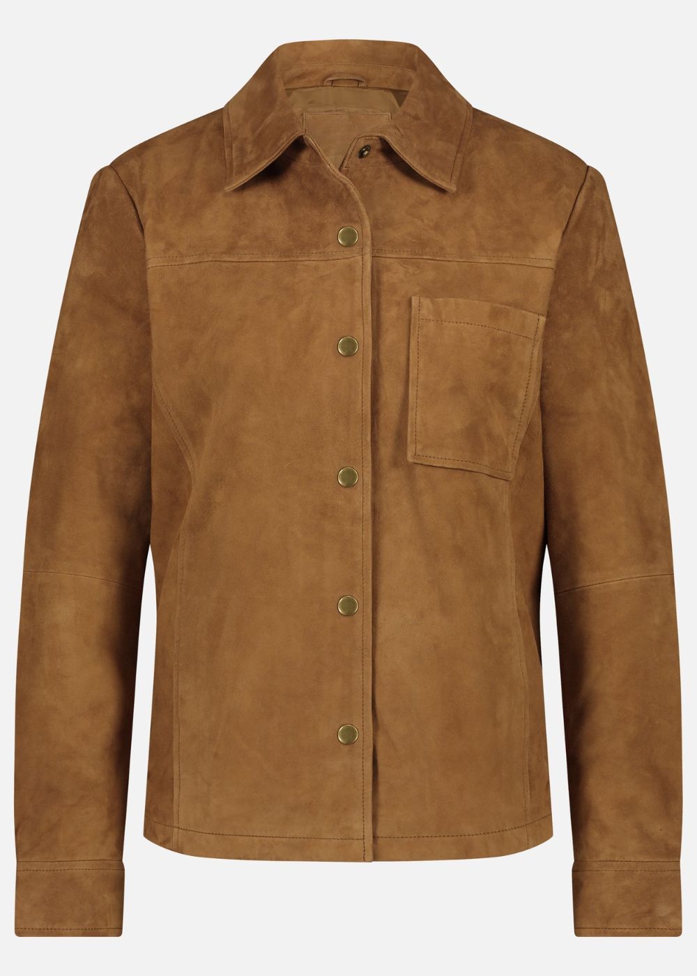 Cognac Brown suede jacket with button details on a white background