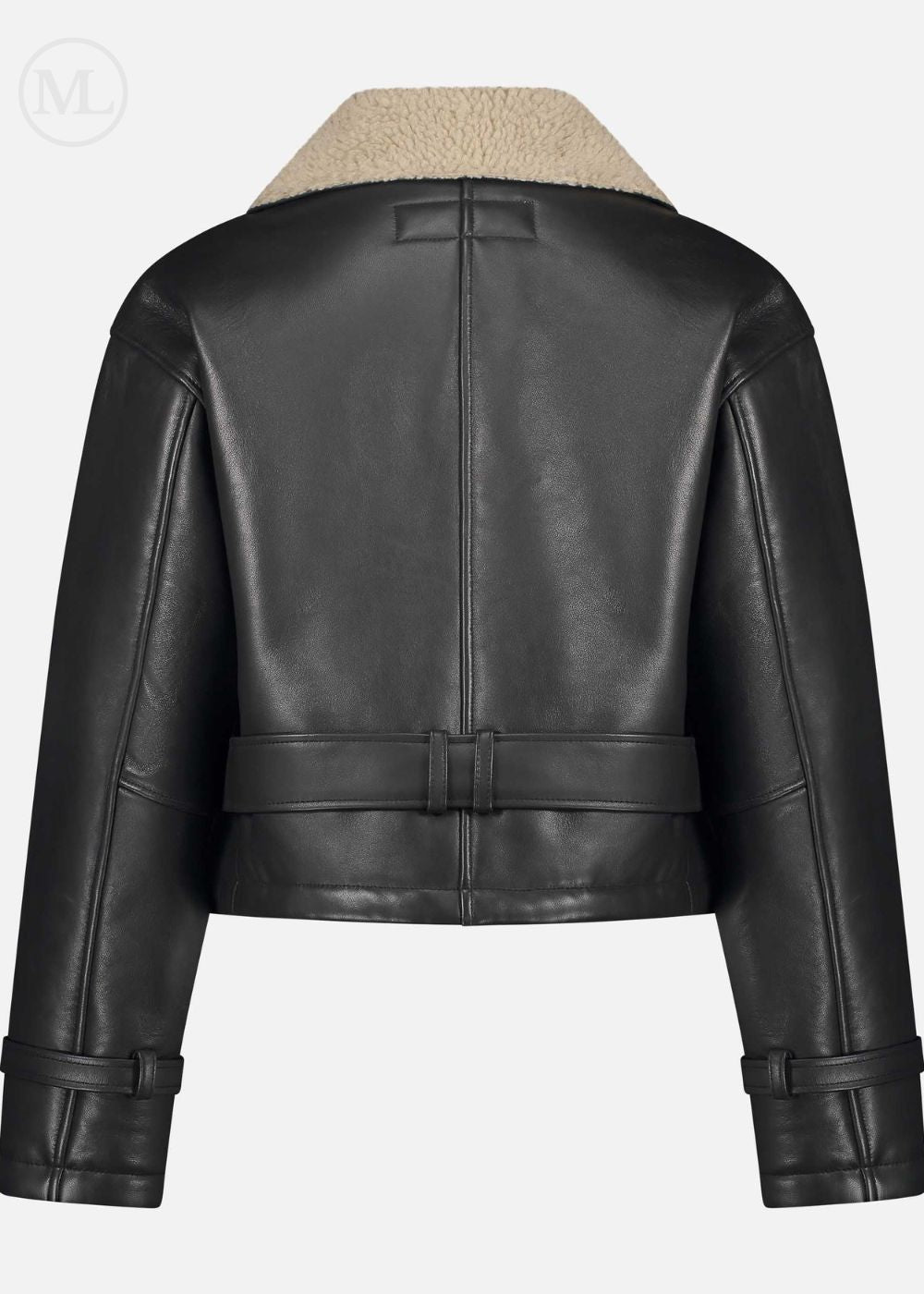 Black aviator leather jacket with beige collar on a white background