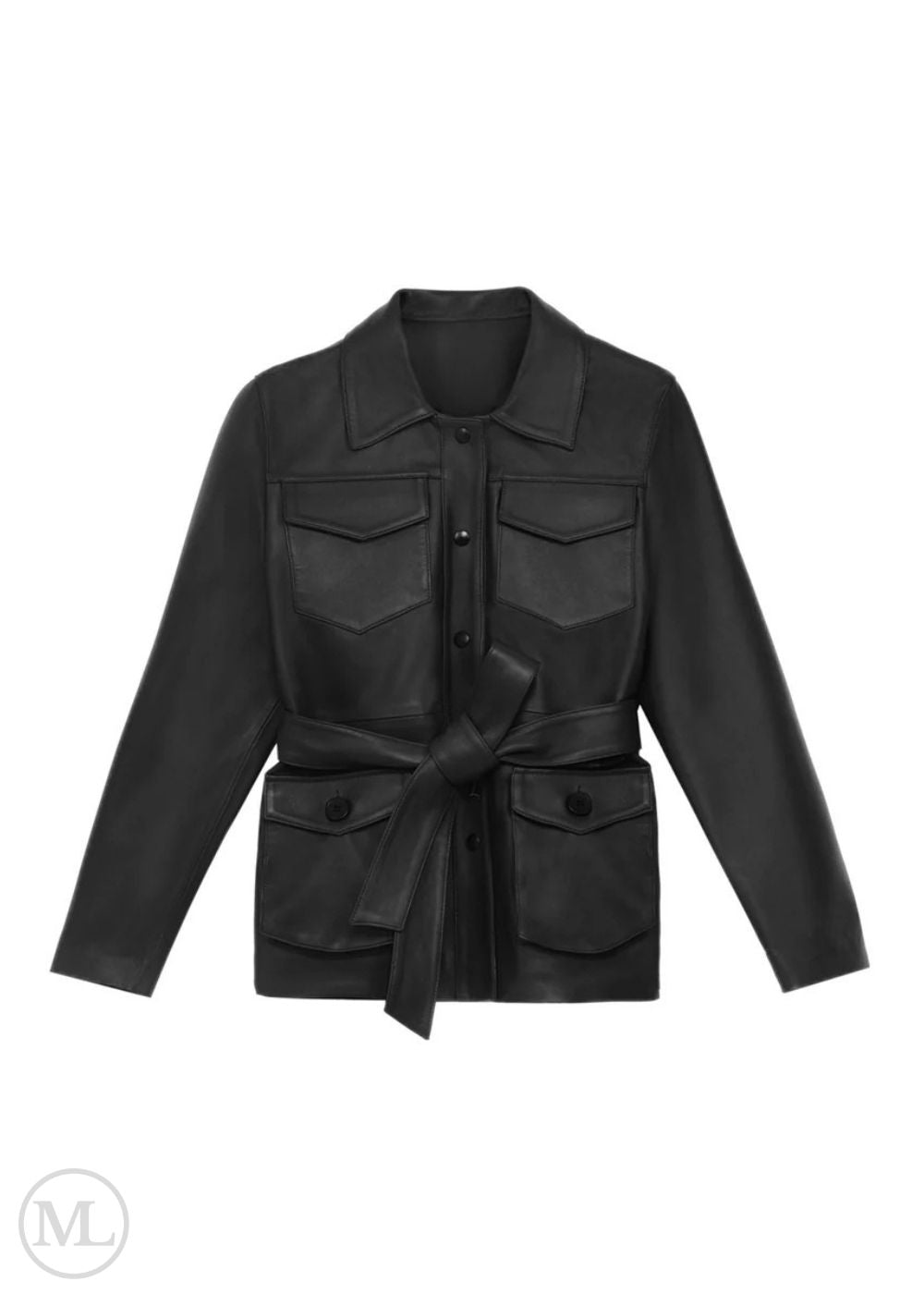 Manteau en cuir noir avec ceinture sur fond blanc