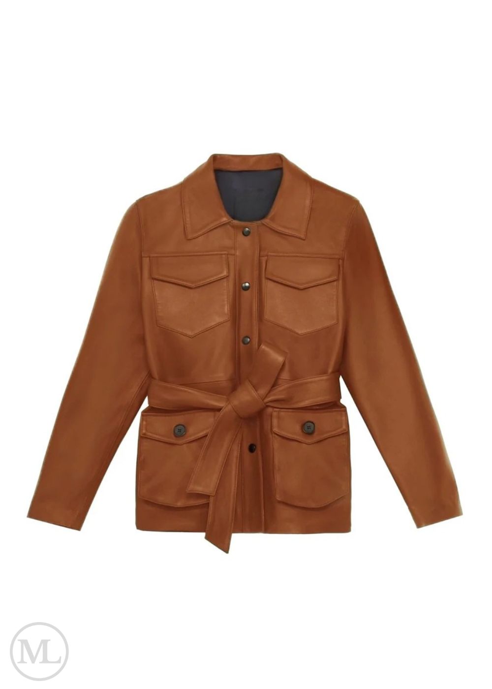 Manteau en cuir camel avec ceinture sur fond blanc