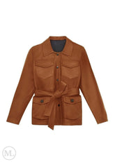 Camel leather coat with a belt on a white background