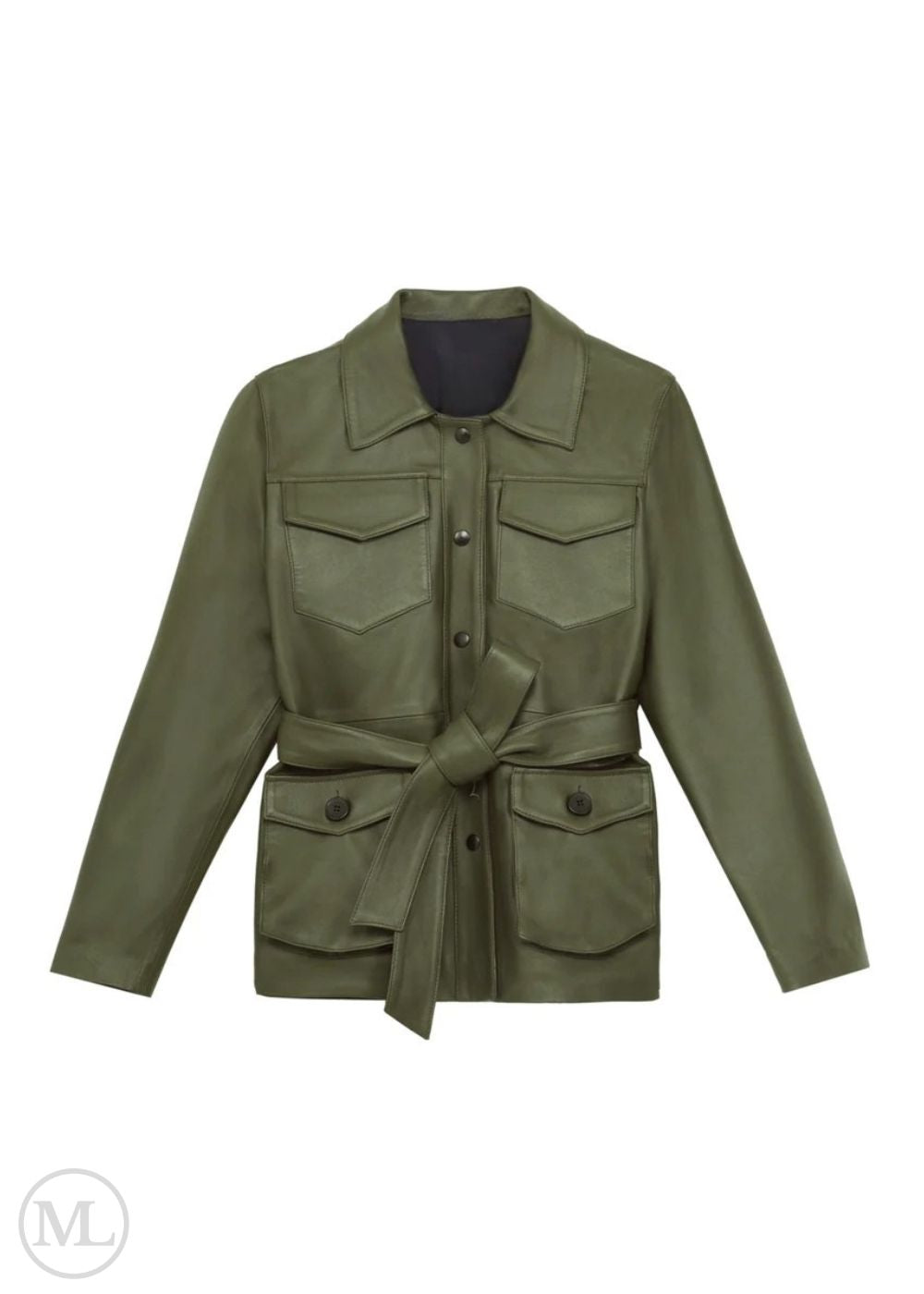 Olive khaki leather coat with a belt on a white background