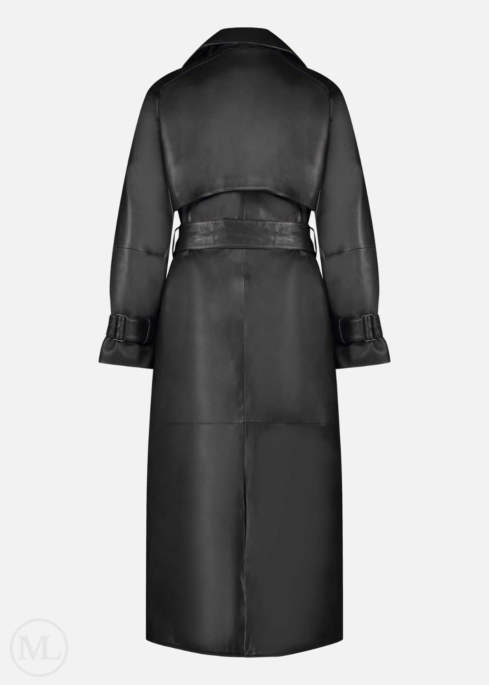 Trench-coat en cuir noir sur fond blanc