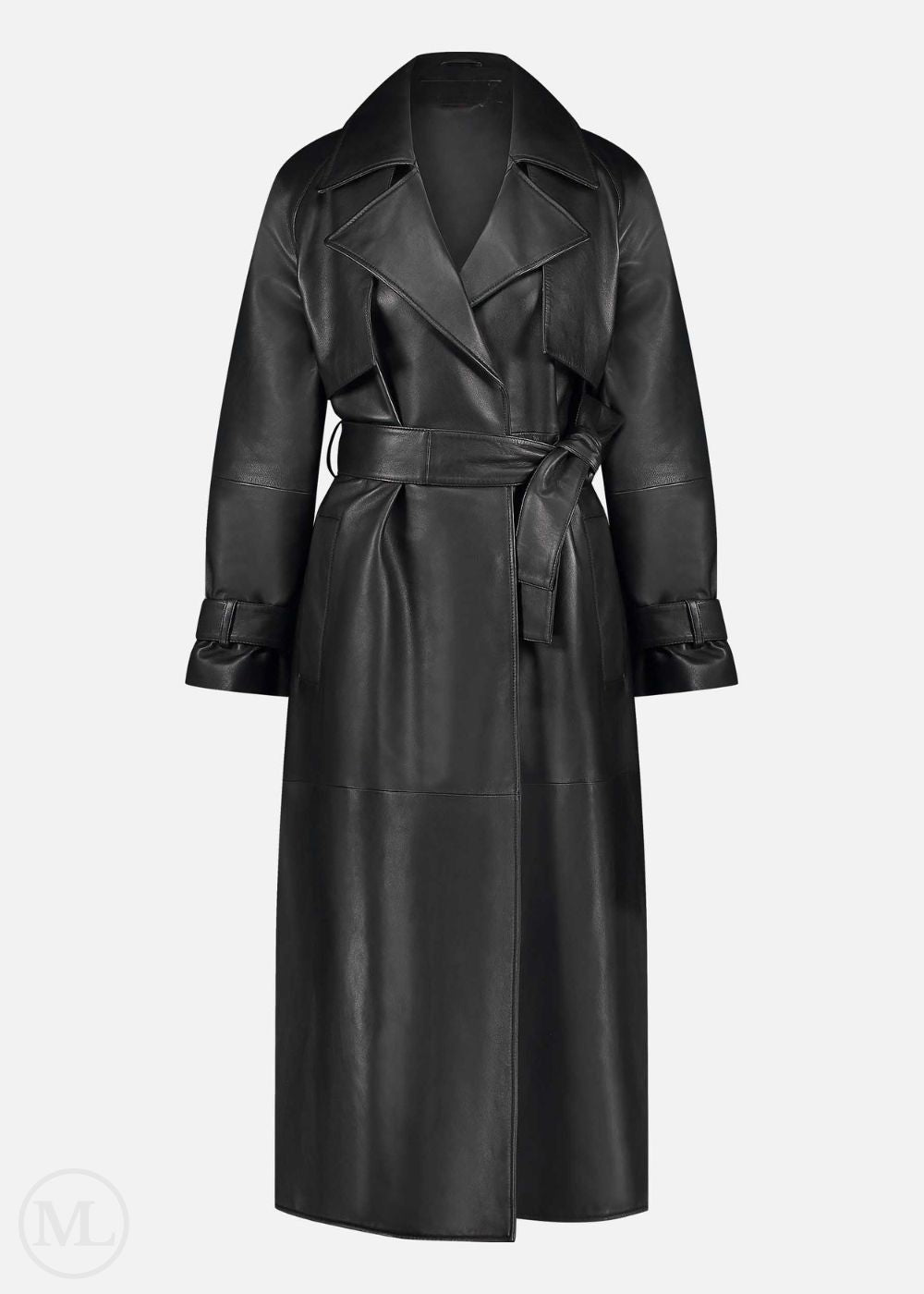 Black leather trench coat on a white background