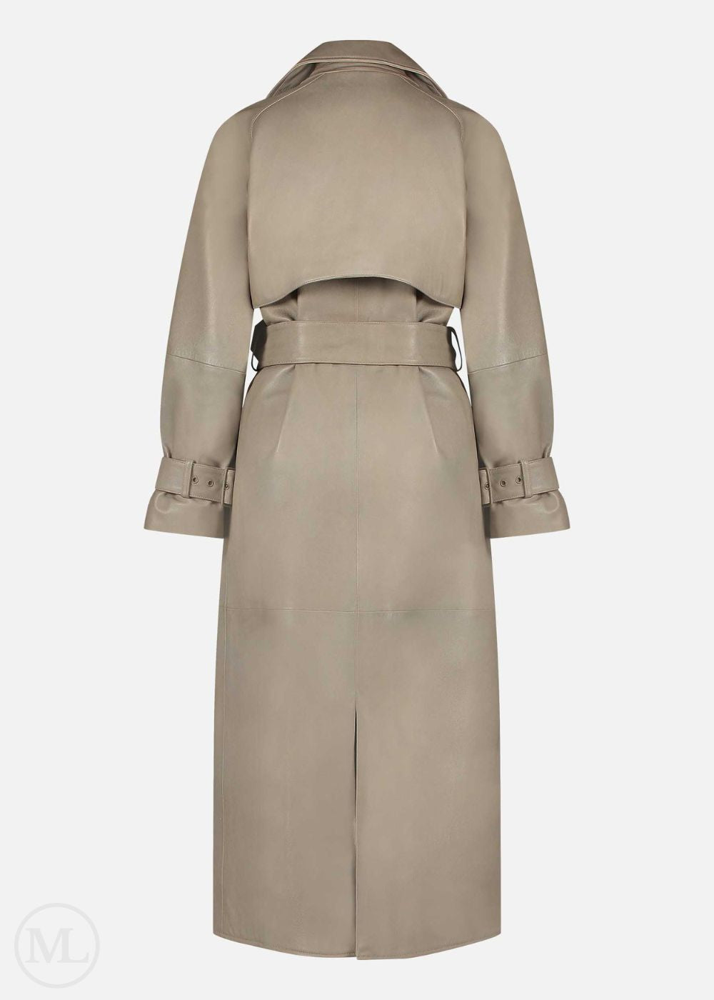 taupe leather trench coat on a white background