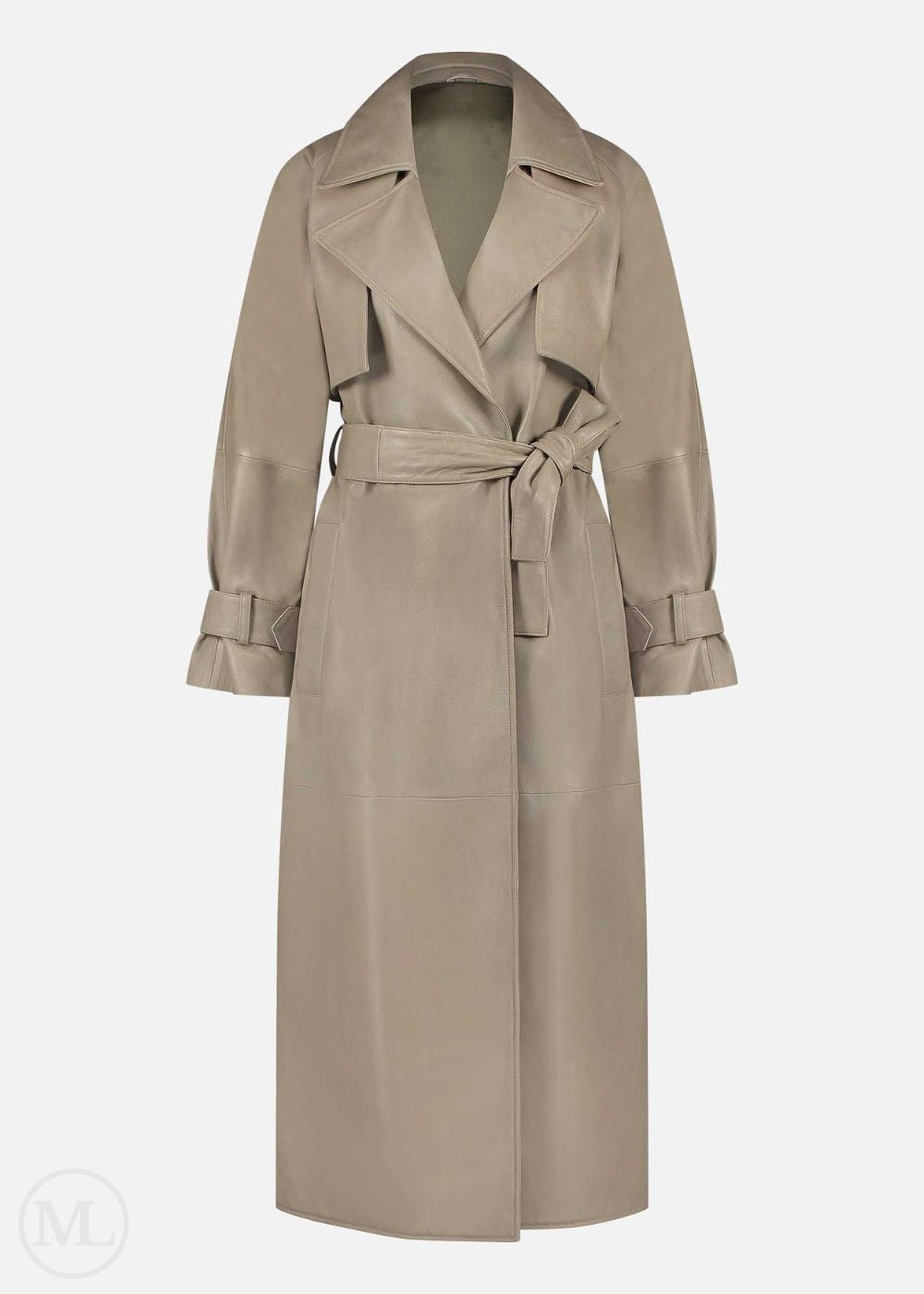 taupe leather trench coat on a white background