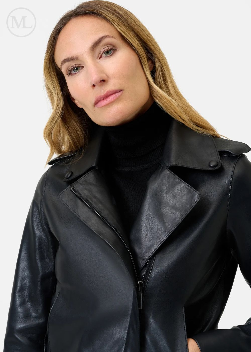 Woman wearing a black leather jacket on a white background