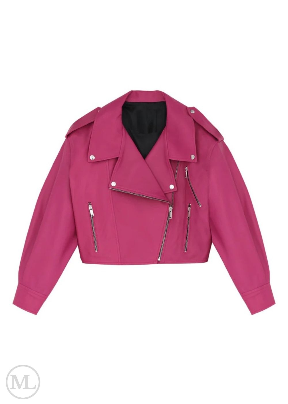 Pink leather Biker jacket with silver zippers on a white background
