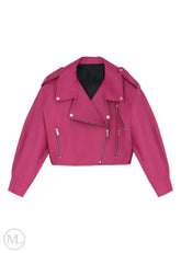 Pink leather Biker jacket with silver zippers on a white background