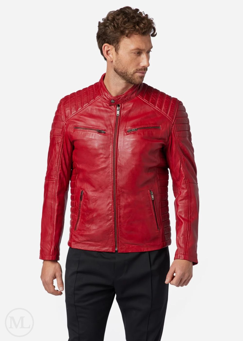 Man wearing a red leather biker jacket on a white background