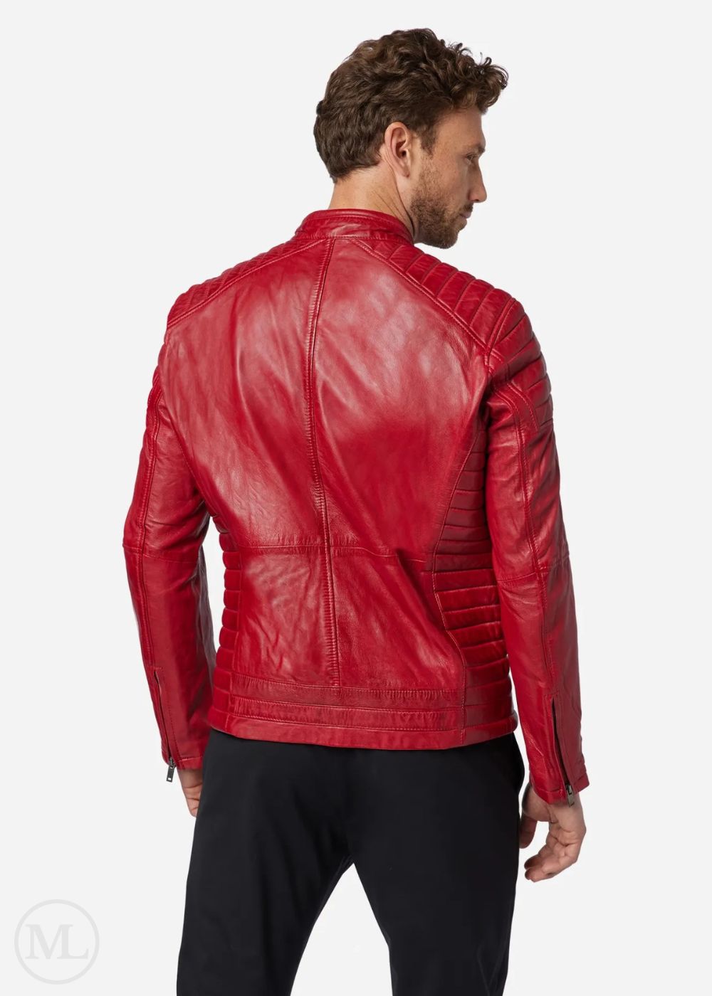 Man wearing a red leather biker jacket on a white background
