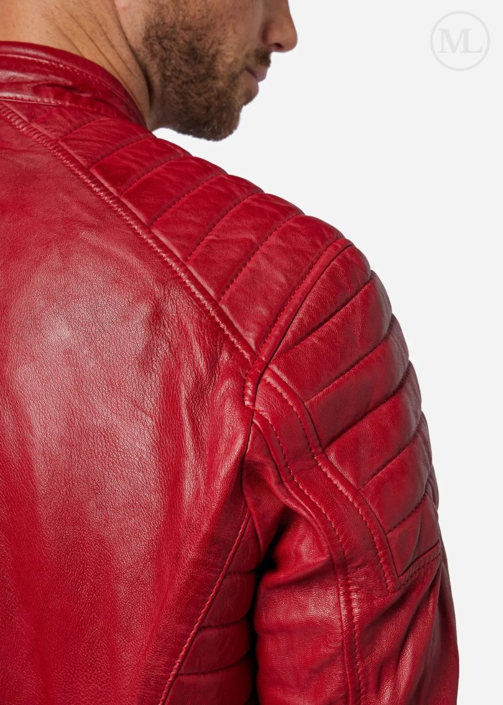Close-up of a red leather biker jacket on a white background