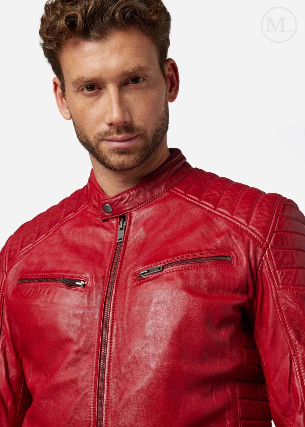 Man wearing a red leather biker jacket on a white background