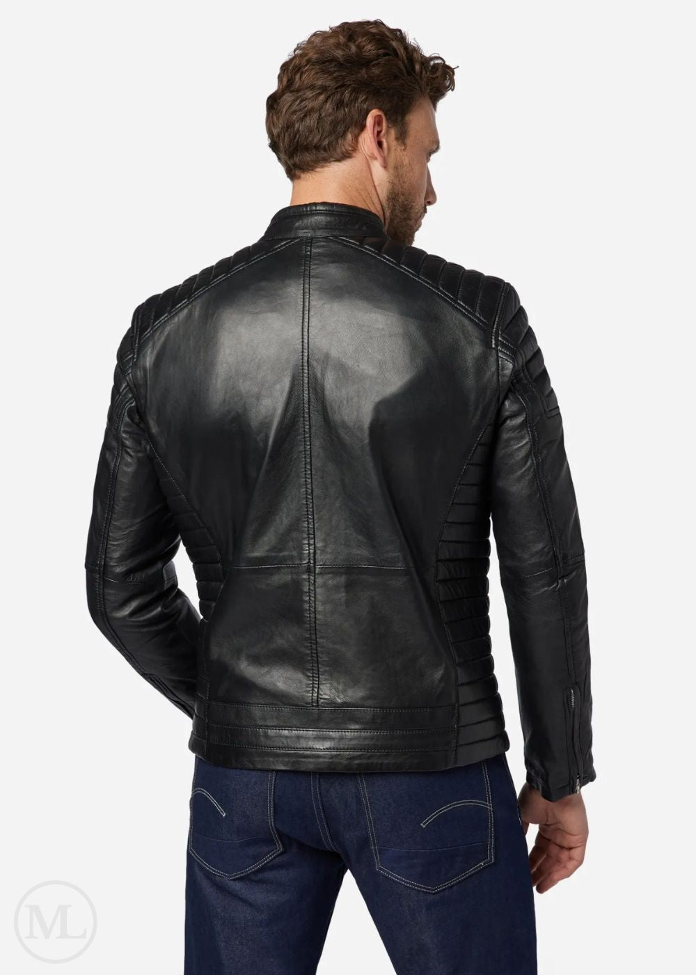Man wearing a black leather biker jacket on a white background