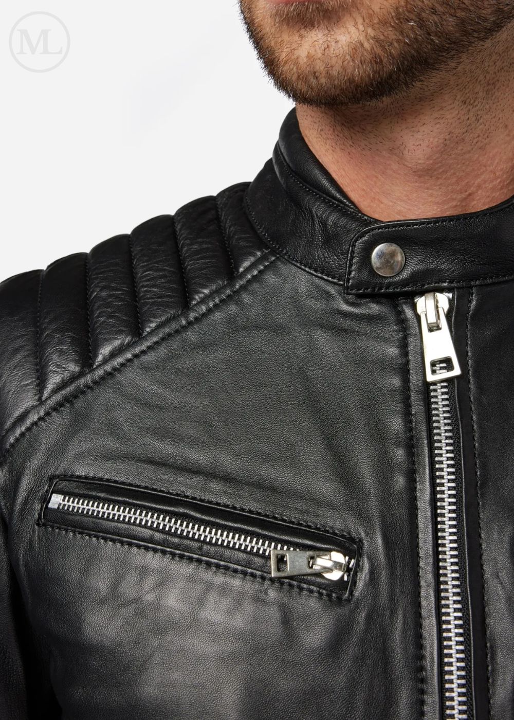 Close-up of a black leather biker jacket with zippers on a white background