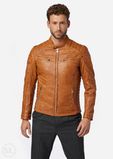 Man wearing a cognac brown leather jacket on a white background