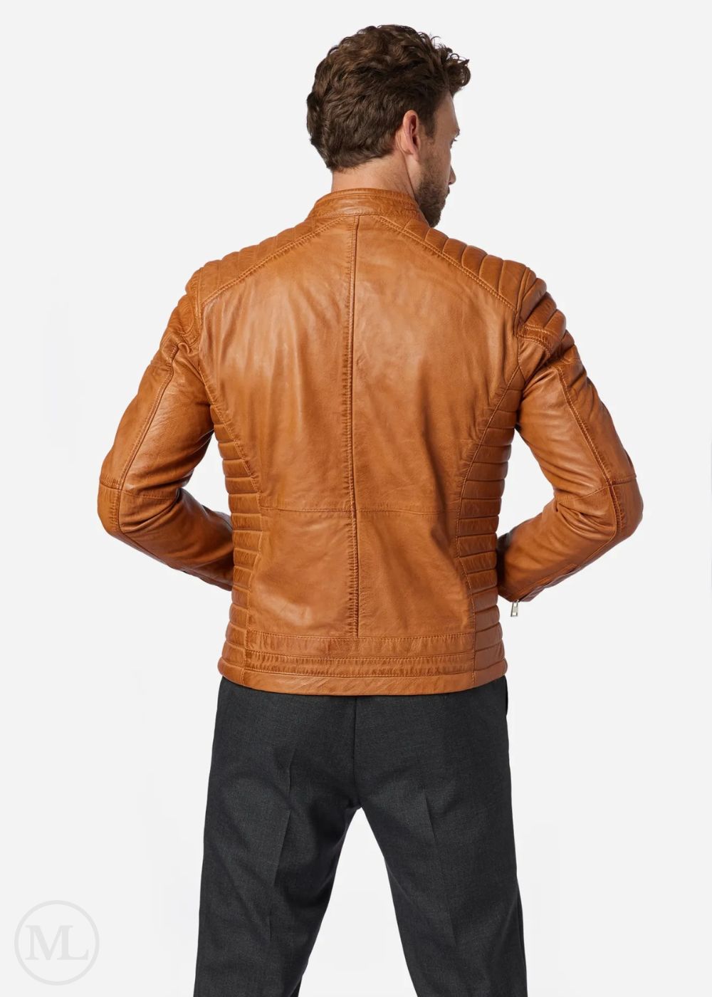 Man wearing a cognac brown leather biker jacket on a white background