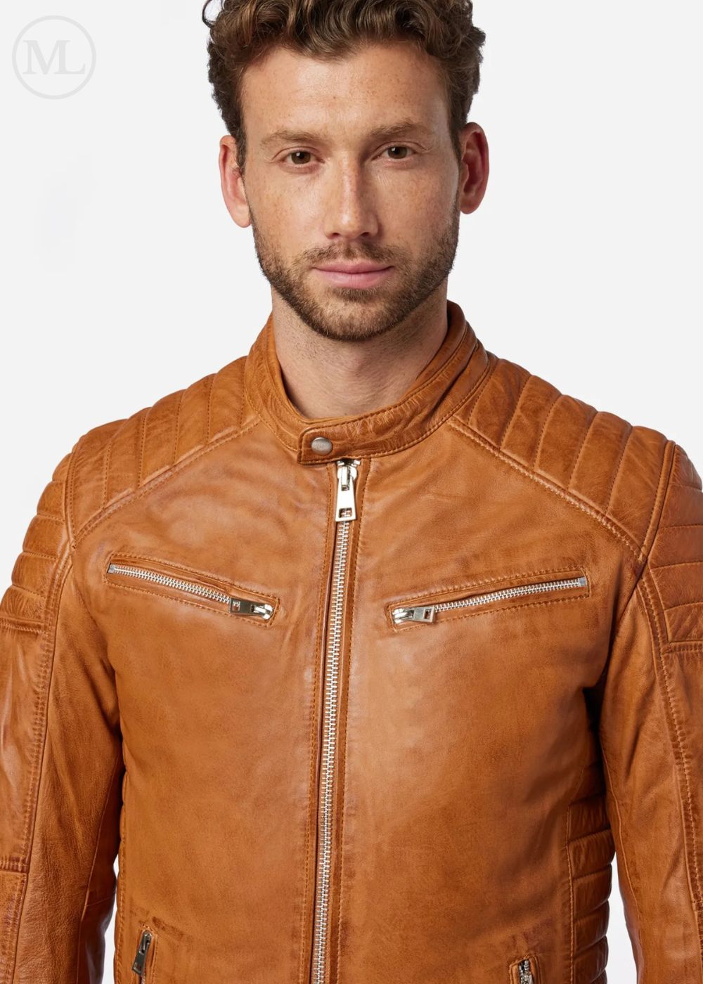 Man wearing a cognac brown leather biker jacket on a white background