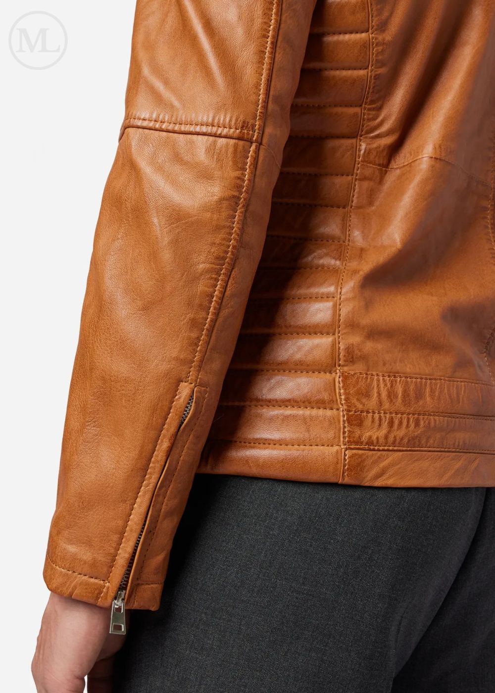 Close-up of a cognac brown leather jacket with a white background