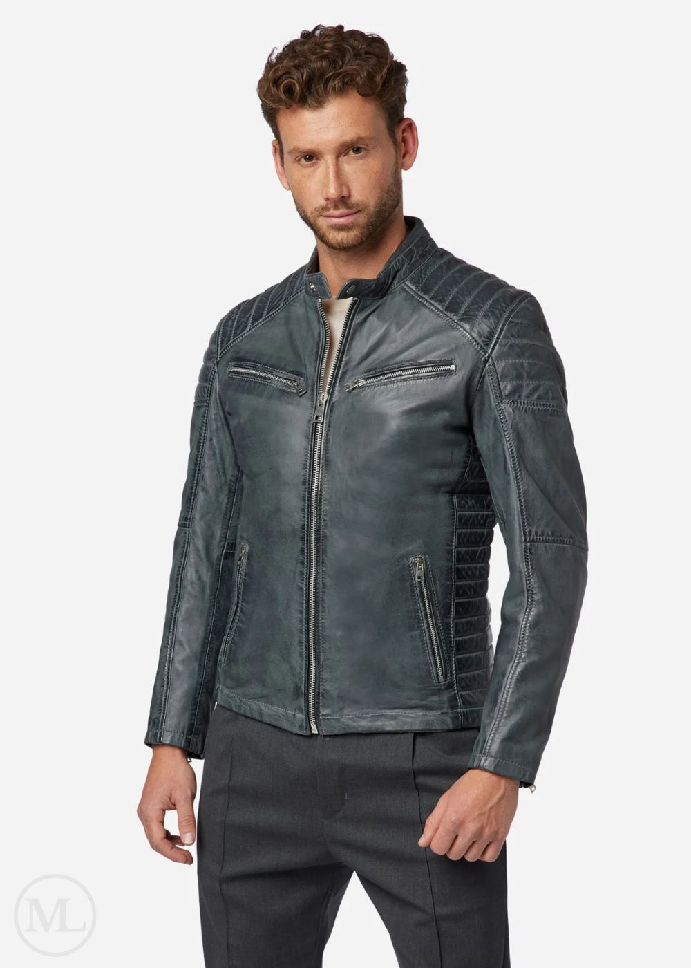 Man wearing a grey leather biker jacket on a white background