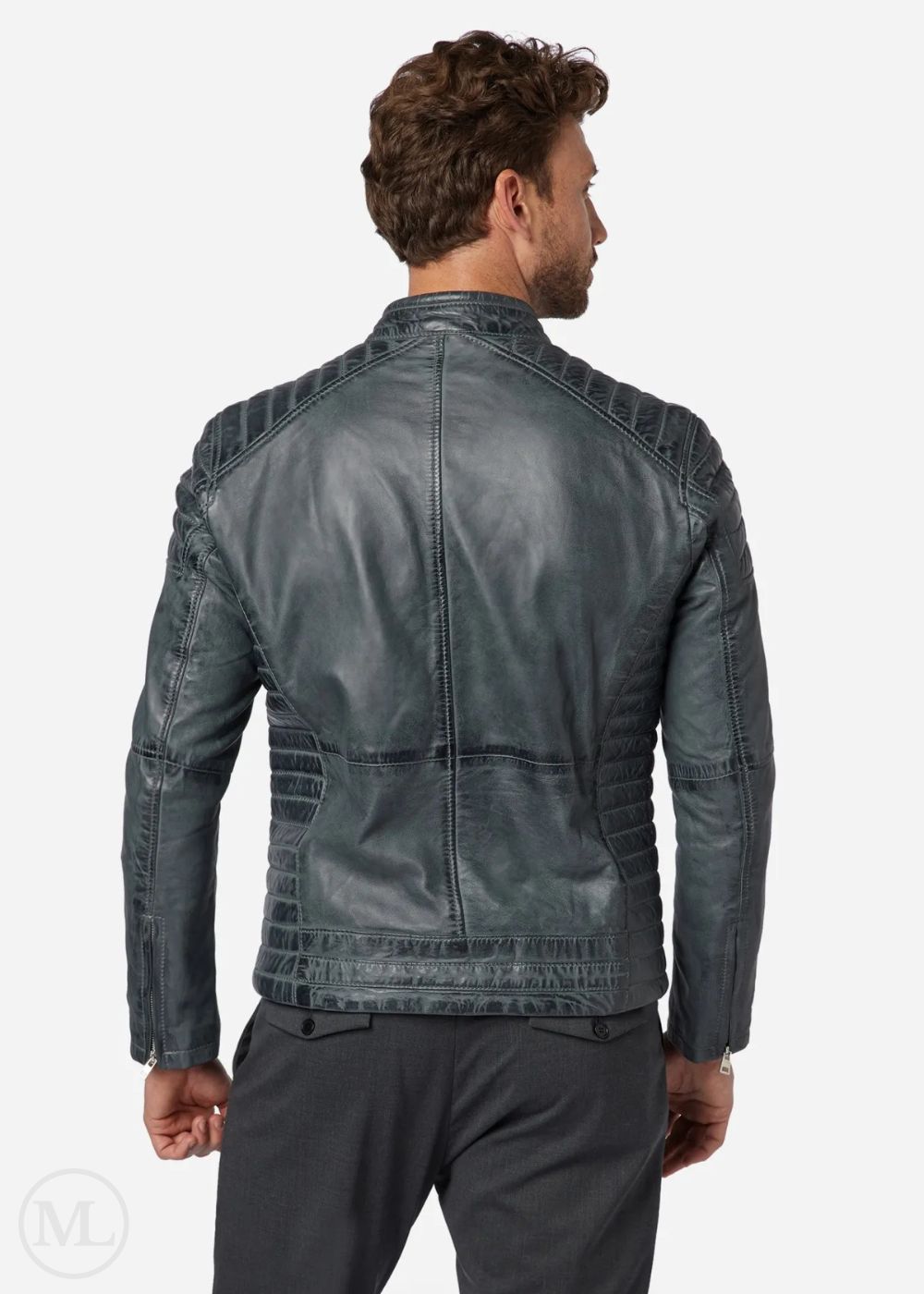 Man wearing a grey leather biker jacket on a white background