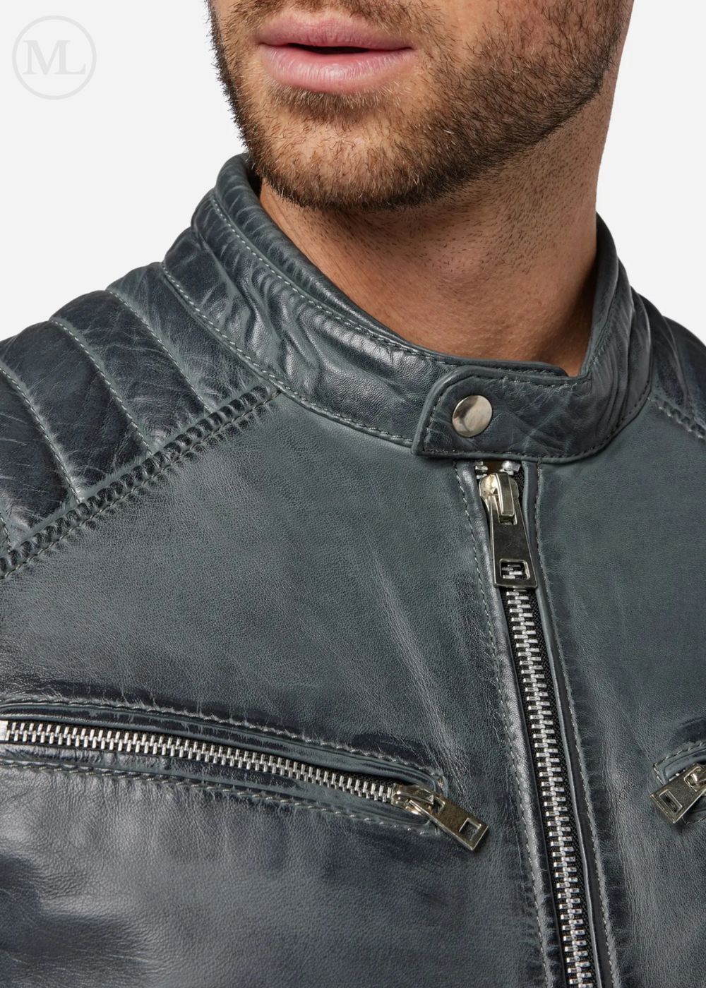 Close-up of a grey leather biker jacket with zippers on a white background