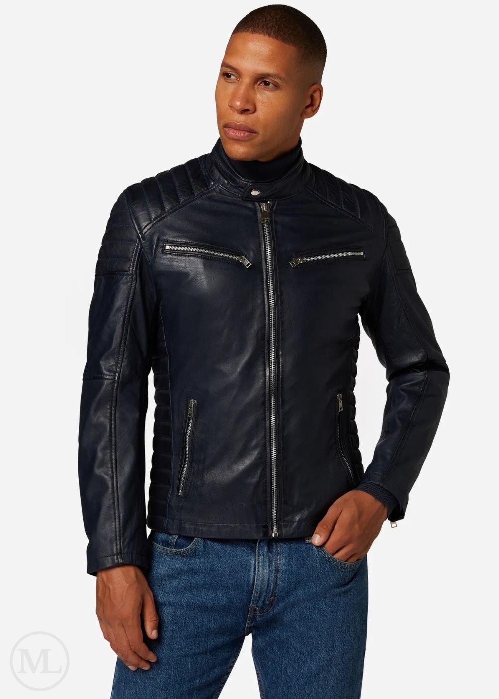 Man wearing a Navy Blue leather biker jacket and blue jeans on a white background