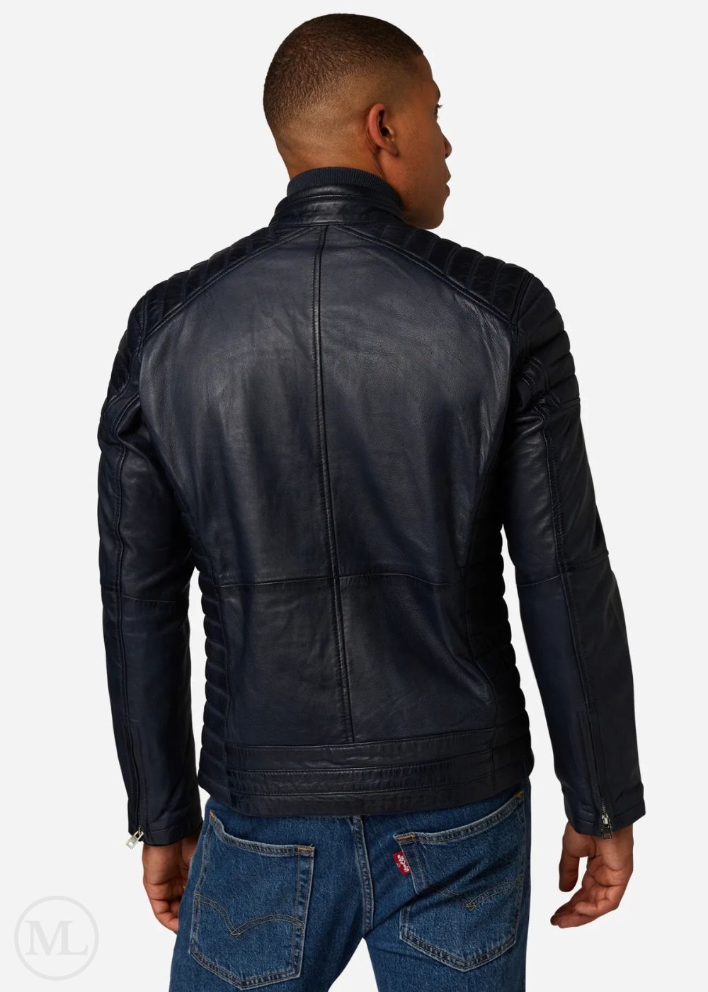 Man wearing a Navy Blue leather biker jacket on a white background
