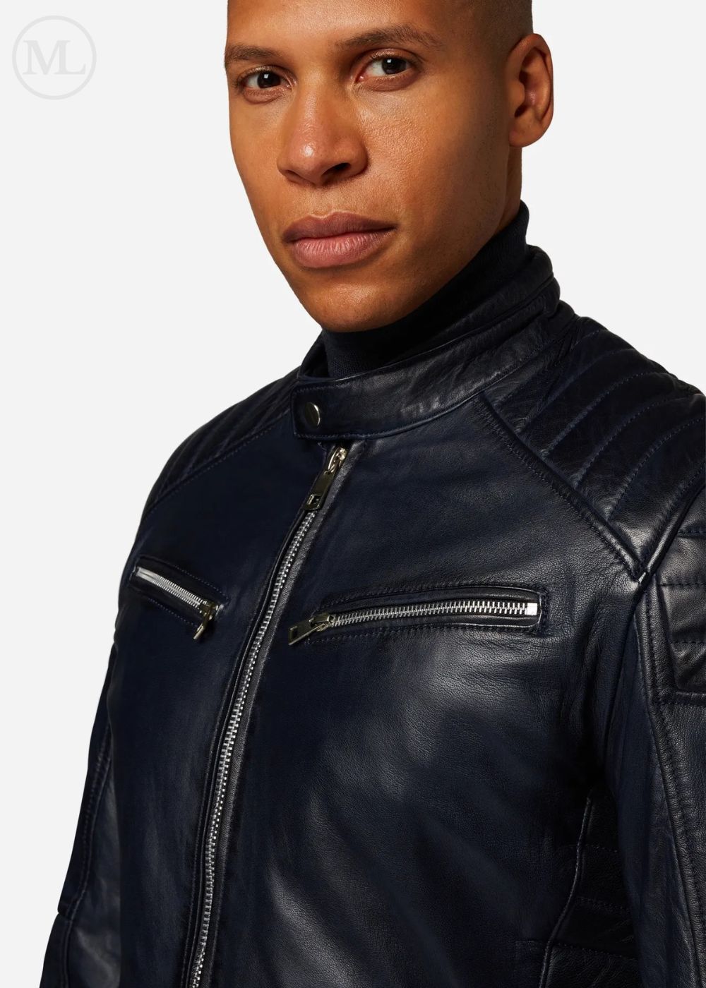 Man wearing a Navy Blue leather biker jacket on a white background