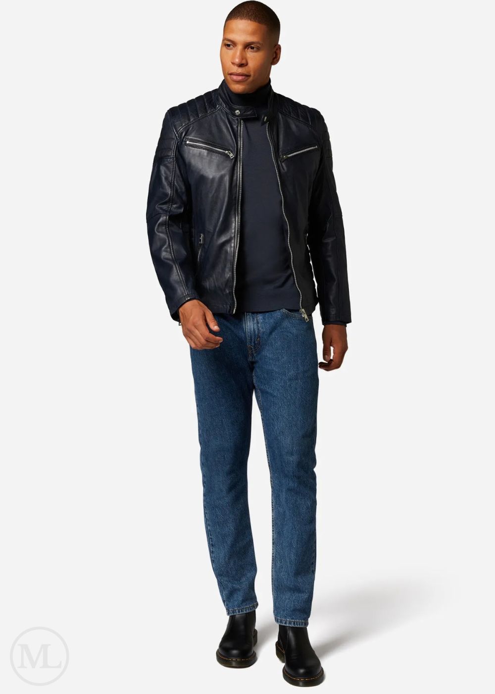 Man wearing a navy blue leather jacket, navy turtleneck, blue jeans, and black shoes on a white background