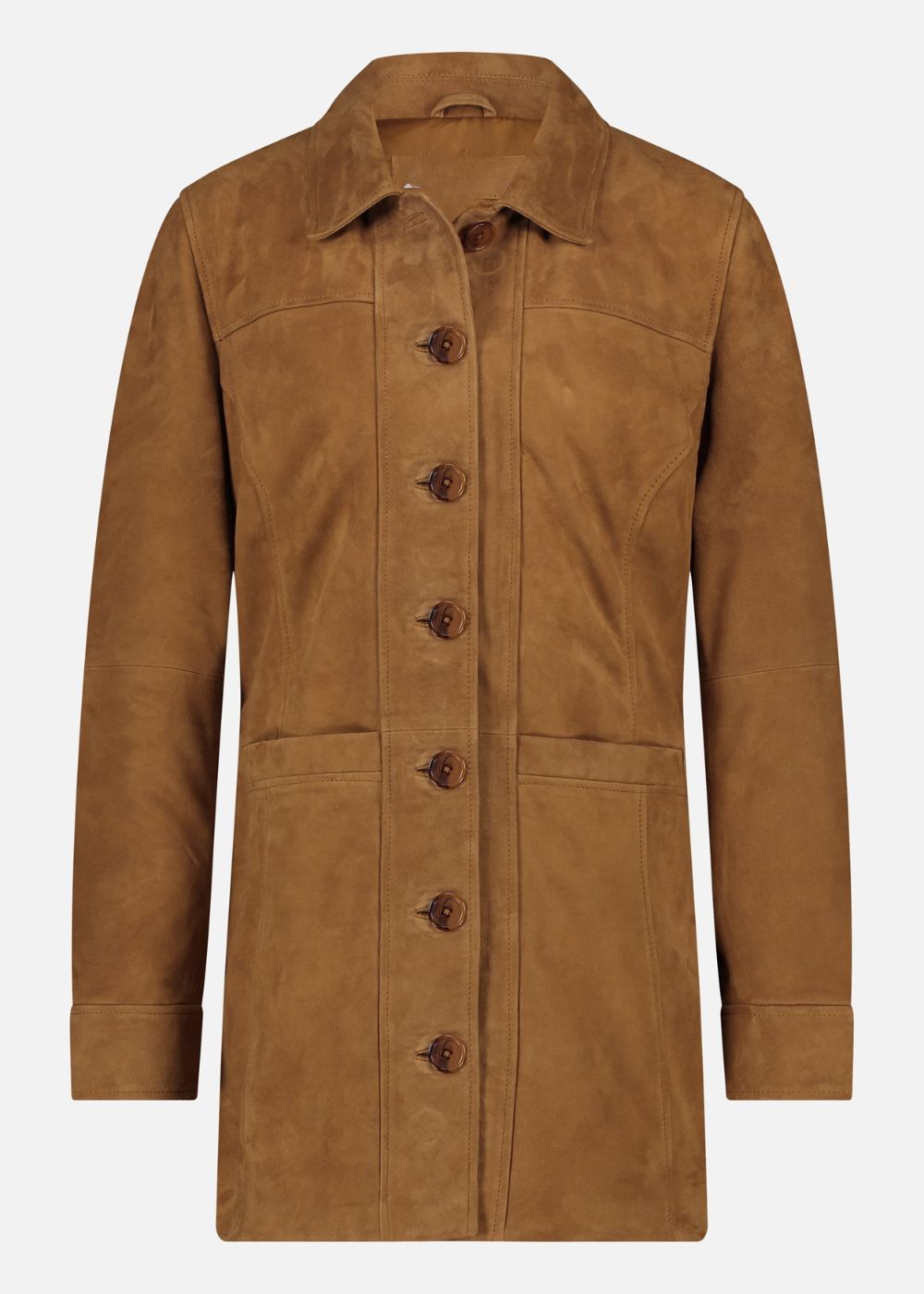 Cognac Brown suede leather coat with button details on a white background