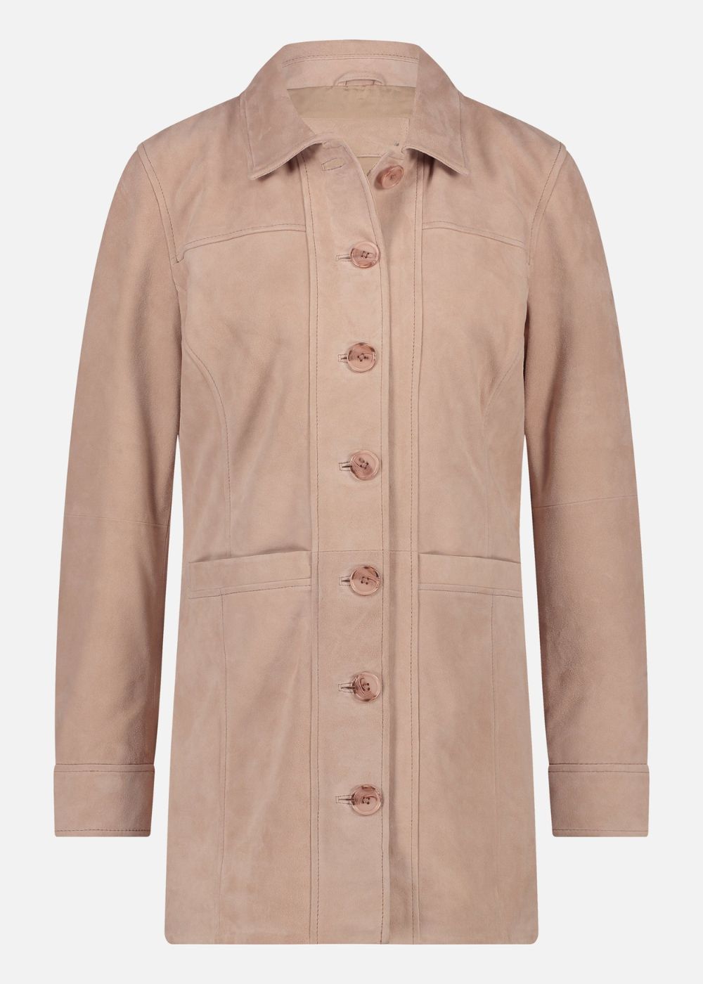 Manteau en cuir rose avec boutons sur fond blanc