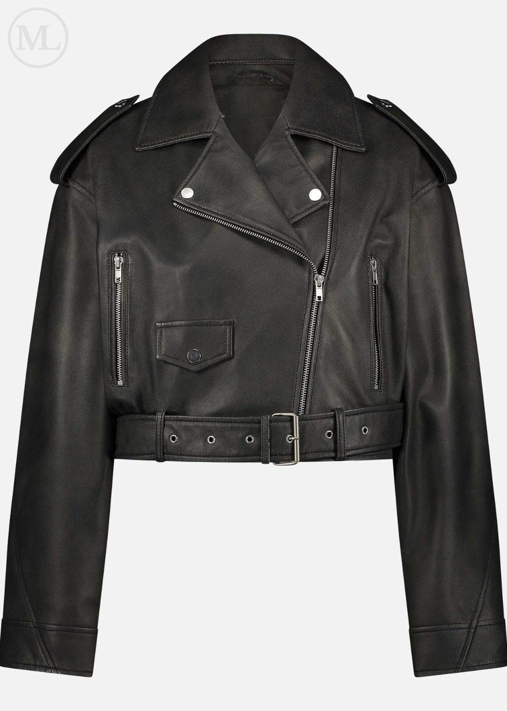 Veste en cuir noir avec fermetures éclair sur fond blanc