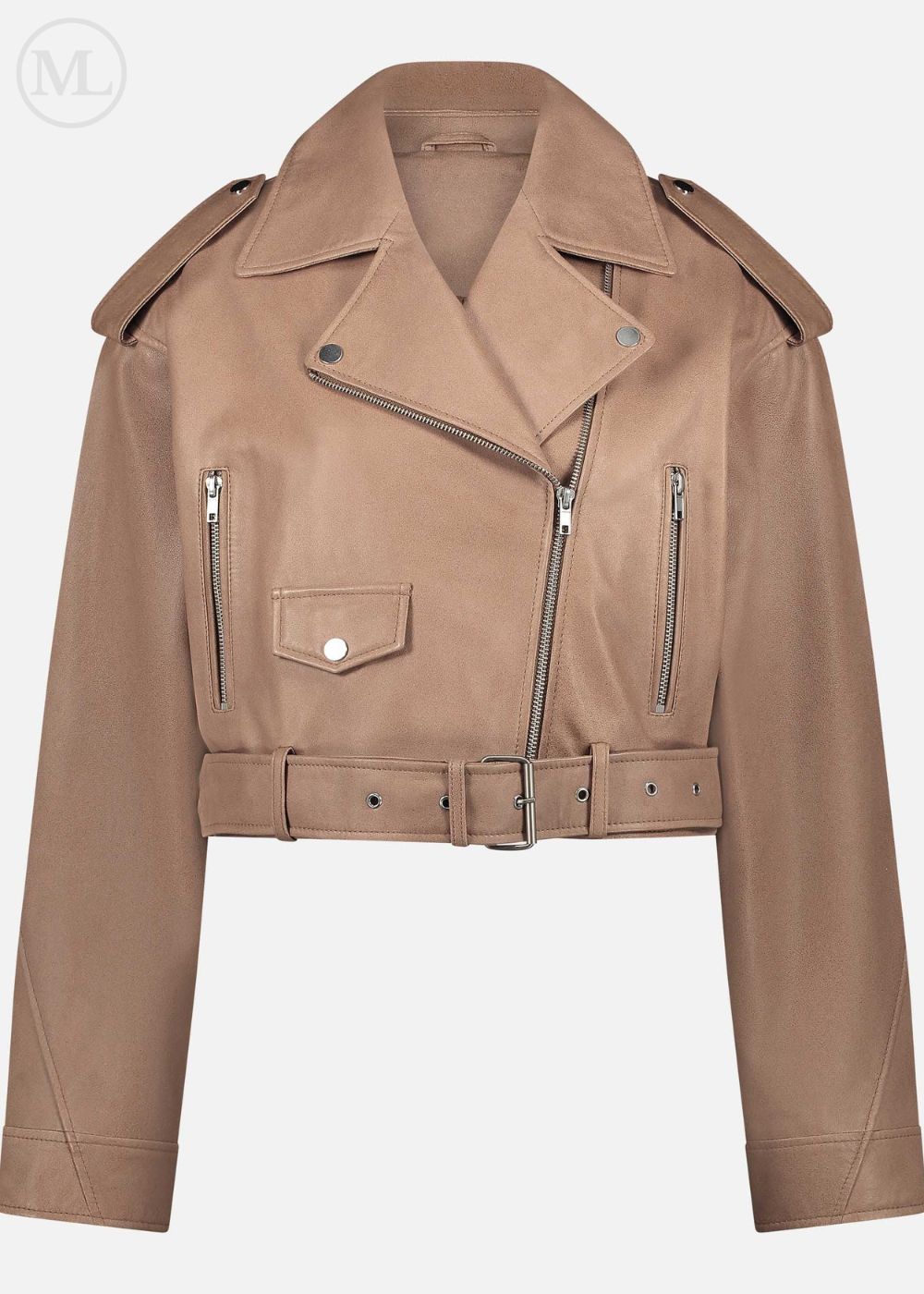 Veste en cuir taupe avec fermetures éclair sur fond blanc
