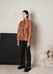 Mira – Women's Belted Lambskin Leather Wrap Coat with High Collar