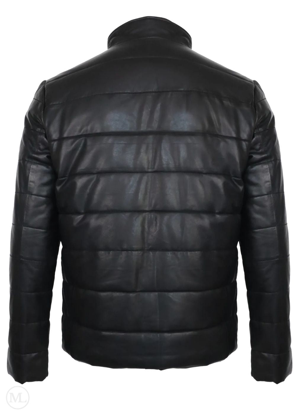 Black leather puffer jacket on a white background