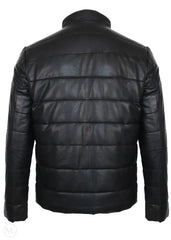 Black leather puffer jacket on a white background