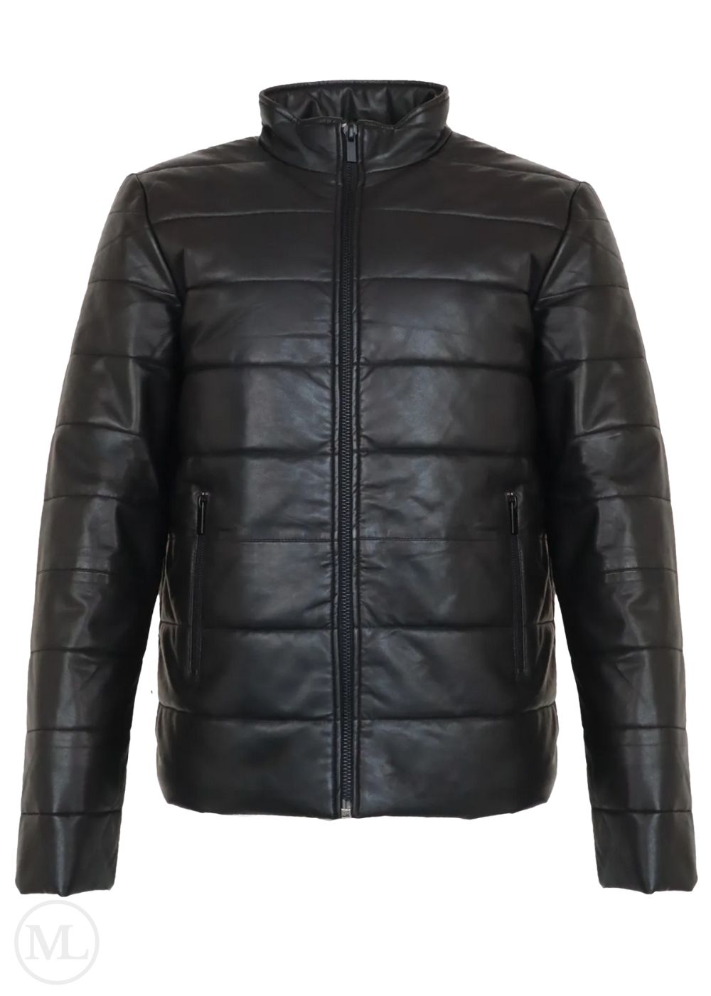 Black leather puffer jacket on a white background