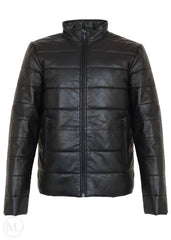 Black leather puffer jacket on a white background